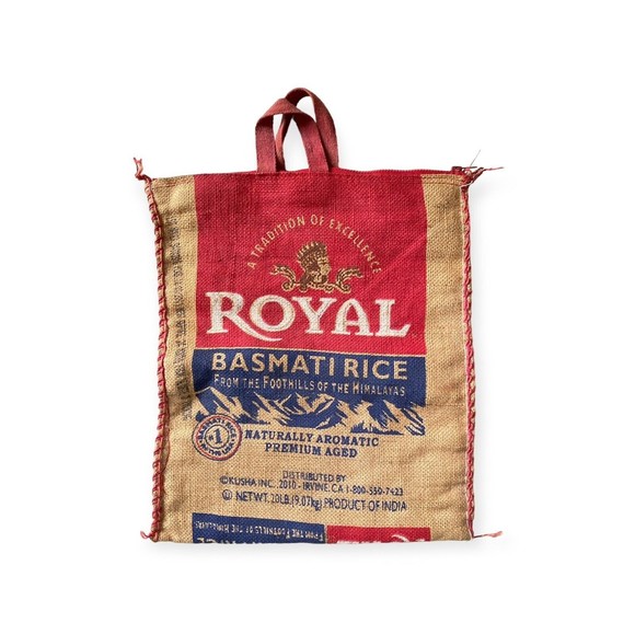 ROYAL BASMATI EMPTY Rice Burlap Bag Sack Handles Zipper Storage Trick or Treat - Picture 2 of 2
